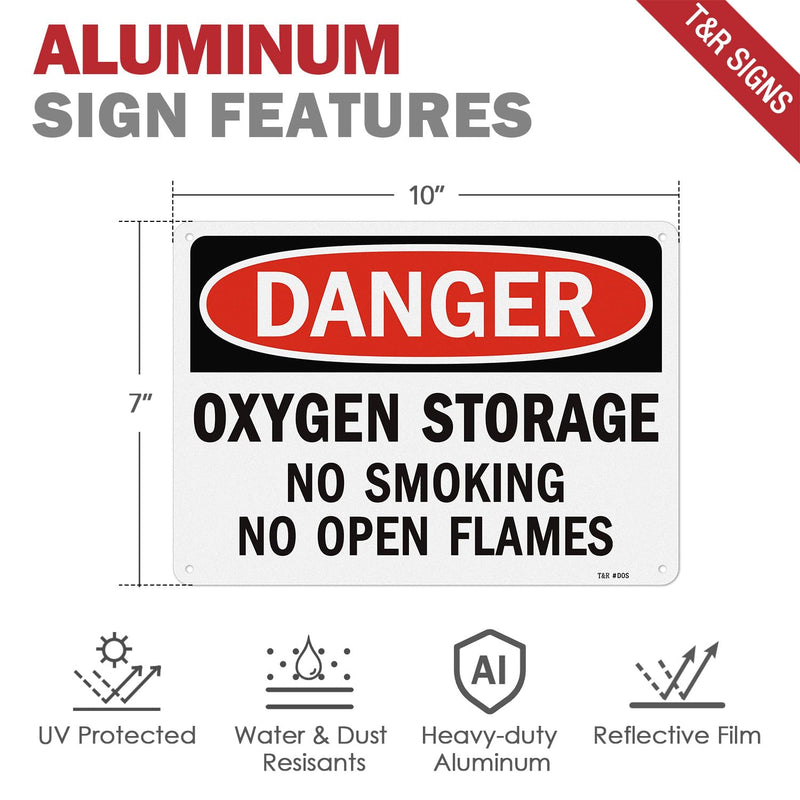 T&R Oxygen Storage No Smoking No Open Flames Sign - 2 Pack - 10 x 7 Inches Rust Free Aluminum Reflective - UV Protected, Waterproof, Weatherproof and Fade Resistant - 4 Pre-drilled Holes 10" x 7" - 2 pack - Oxygen Storage