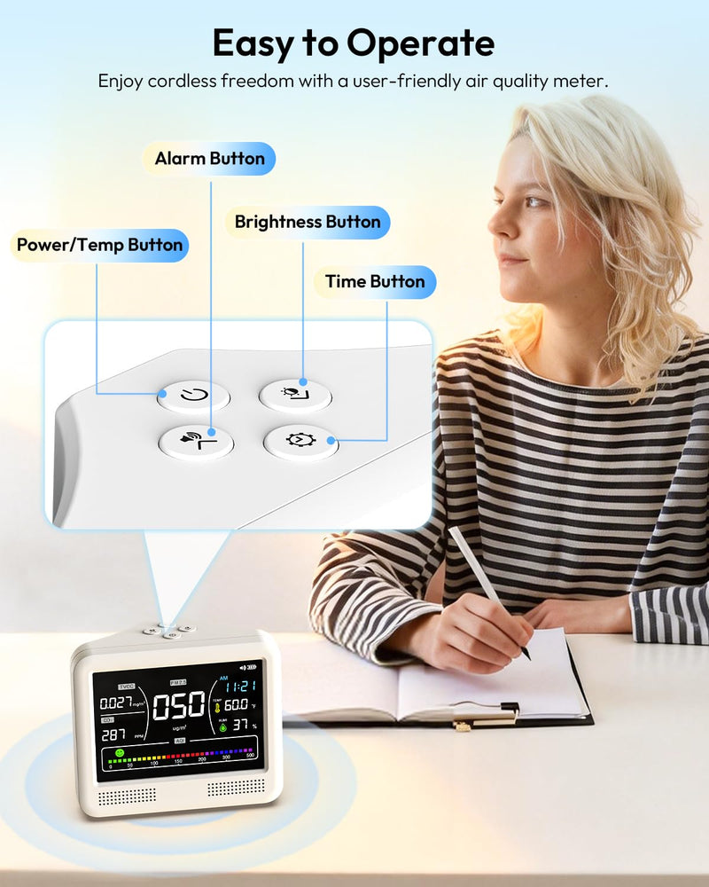 [Australia - AusPower] - Air Quality Monitor Indoor, 16 in 1 Air Quality Tester for CO2 Monitor, TVOC, PM1.0 PM2.5 PM10, HCHO Temperature Humidity & Time, AQI Monitor with Alerts for Home (PureWhite) PureWhite 