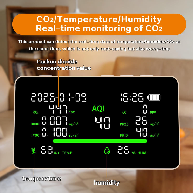 [Australia - AusPower] - 11-in-1 Air Quality Monitor, Indoor CO2VOC/AQI/PM2.5/Thermometer/Humidity Monitor, Portable Smart Air Quality Meters, Air Quality Tester for Home Office Outdoor, Battery Powered 