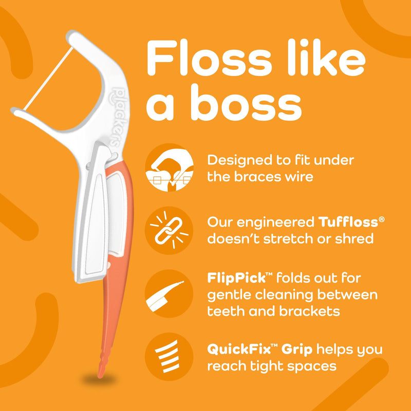 Plackers OrthoPick® Floss Picks Designed for Braces, Tuffloss® Made Without PTFE, FlipPick® Clean Between Brackets, 36 Count (8 Pack) 36 Count (Pack of 8)