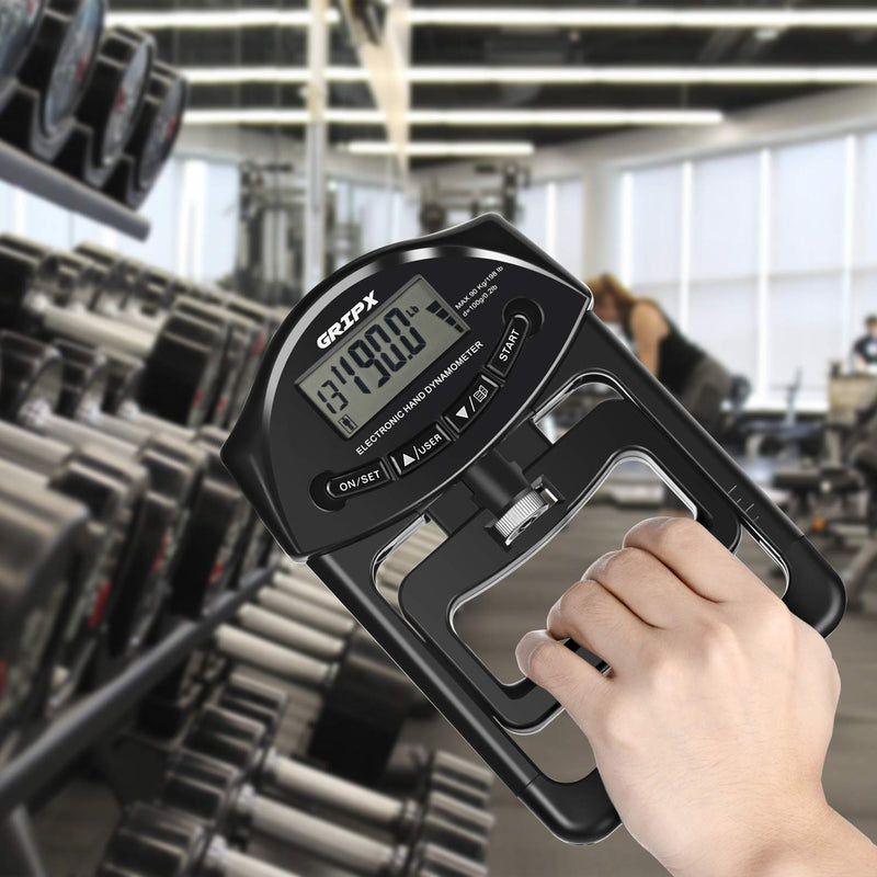 [Australia - AusPower] - GRIPX Digital Hand Dynamometer Grip Strength Measurement Meter Auto Capturing Electronic Hand Grip Power 198Lbs / 90Kgs Black 