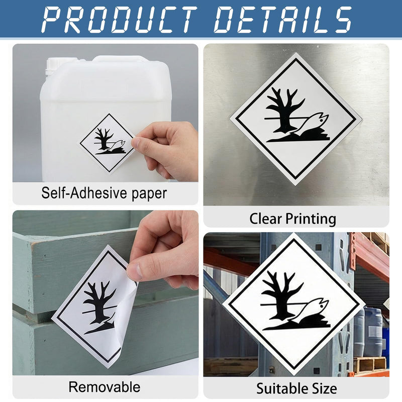 500 Pcs Environmentally Hazardous Substance Label, 100 x 100 mm Self-Adhesive Paper Marine Pollutant Markings for Hazard Marking