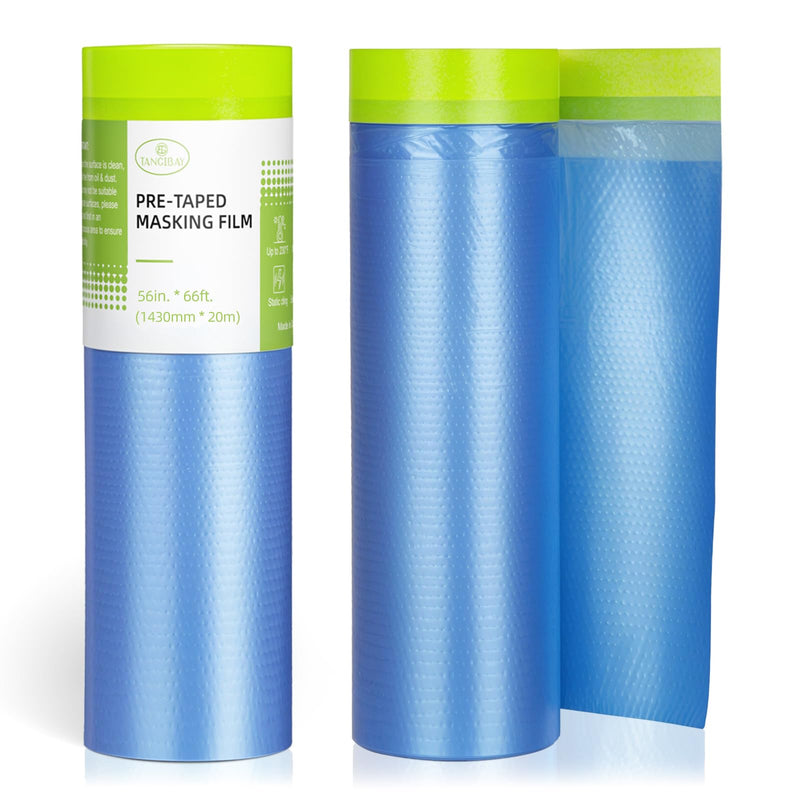 Tangibay Pre-Taped Masking Film for Painting - 56" x 66' Painters Plastic Sheeting for House & Automotive Paint, Tape and Drape for Covering Cars, Walls, Windows and Furniture Protection (2 Rolls) 2 Rolls: 56"x66'