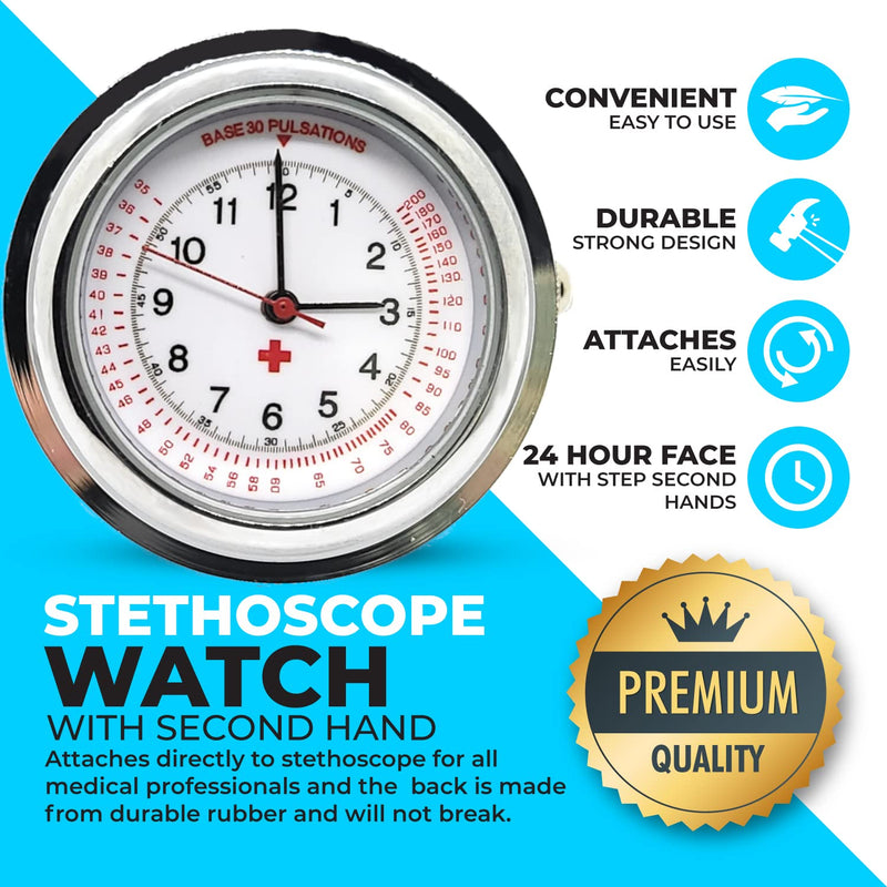 [Australia - AusPower] - Black Nurse Stethoscope Watch - Lightweight Metal Frame- Attaches Directly to Stethoscope for All Medical Professionals 