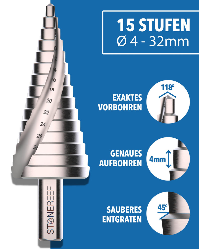 Step Drill 4-32mm HSS Taper Drill Bit Peeling Drill Sheet Metal | 15 steps from 4 to 32 mm - one drill instead of 15 individual drills 4 - 32mm