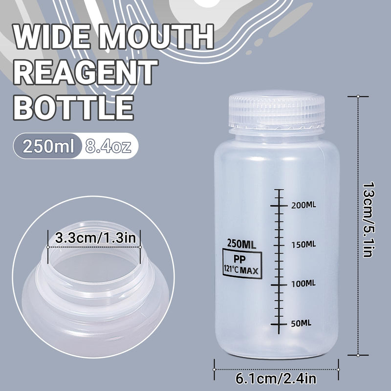 [Australia - AusPower] - 8oz/250ml Wide Mouth Plastic Bottles with Airtight Lids, Graduated Food Grade Leak Proof PP Containers Jars for Water Sample Lab Reagent Liquid Medicine Storage (Transparent, 2 Pcs) Transparent 8.4oz 