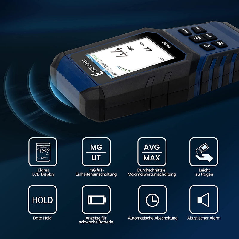 ERICKHILL EMF Meter ER-02, EF/MF/RF Test, Rechargeable Magnetic Field Meter, Digital/Graphics Dual Interface Radiation Detector, Digital LCD Screen, for Home, Office, Outdoor RF/MF/EF Meter Extended Version