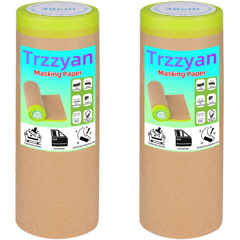 2 Roll 12Inchx50Feet Pre-Taped Masking Paper Roll - Heavy Painters Paper with Adhesive, Tear-Resistant for Auto Body, Wall Painting, Floor Protection, Furniture&DIY Projects (2, 12inch*50feet) 2