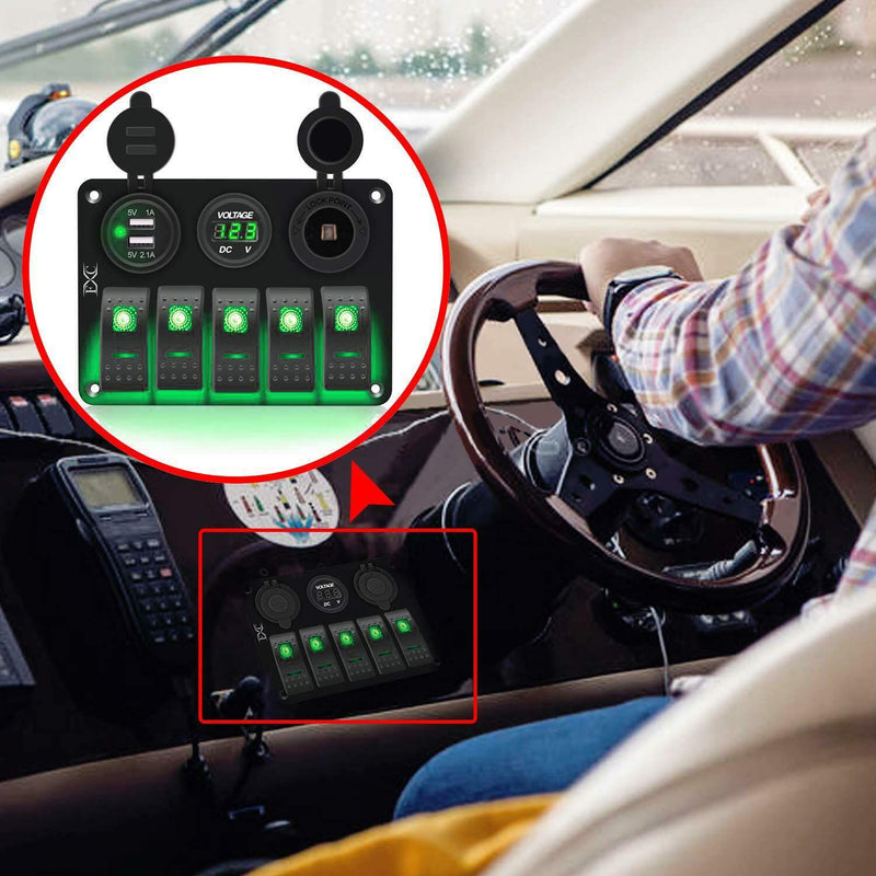 FXC 5 Gang Rocker Switch Aluminum Panel with Dual USB Slot Socket 5V 3.1A + Volt Meter + Cigarette Lighter for Marine Boat Car Rv Vehicles Truck 12-24V Waterproof (5Gang Green)