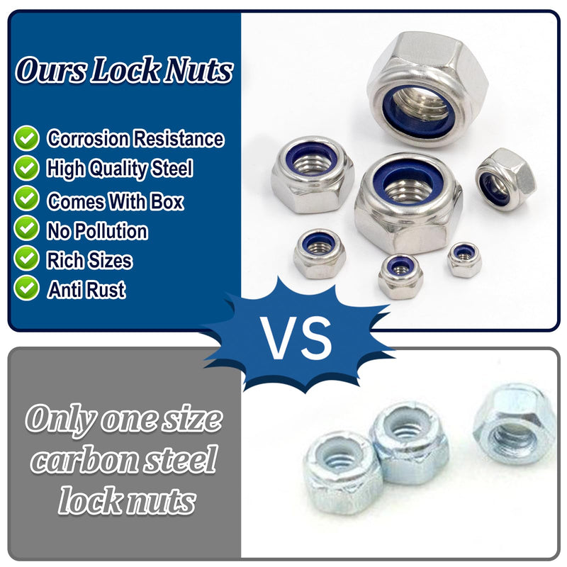 [Australia - AusPower] - 140 Pack Locknuts Assortment Kit,M3 M4 M5 M6 M8 M10 M12 Metric Nylon Insert Lock Nuts Sets,304 Stainless Steel Standard Threaded Nylock Nuts for Bolt 140 Pack;Metric Locknuts 1 