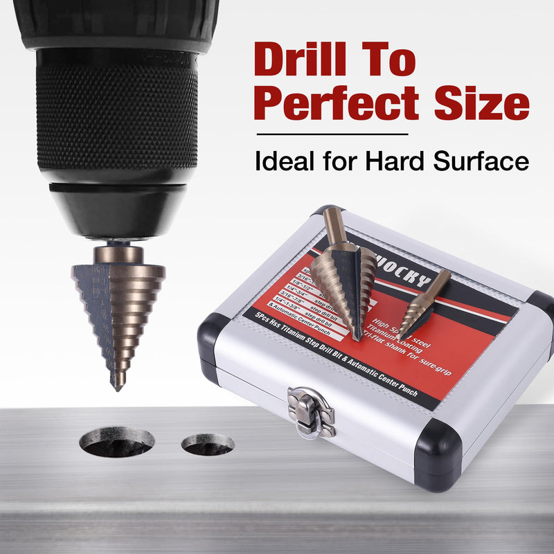 Step Drill Bits, 6PCS (50 Sizes) HSS Step Unibit Drill Bit Set with Auto Center Punch Black and Gold, Double Cutting Blades HSS Drill with Aluminum Case, Multi-Hole Stepped Up Bits for DIY 6pcs - Black and Gold