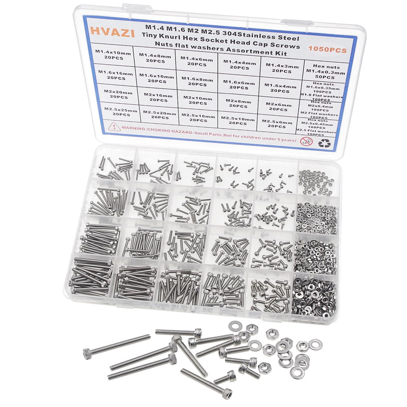 [Australia - AusPower] - Metric 1050PCS M1.4 M1.6 M2 M2.5 304 Stainless Steel Knurl Socket Head Cap Screws Hex Nuts Flat Washers Assortment Kit 