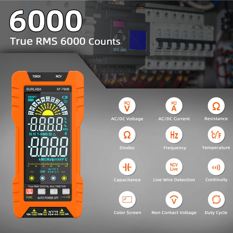 [Australia - AusPower] - Digital Multimeter TRMS 6000 Counts, Auto-Ranging Voltmeter with Non-Contact Voltage Tester, Electric Tester with Voltage, Current, Resistance, Rechargeable Battery & Data Hold for Automotive 