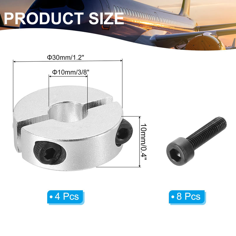[Australia - AusPower] - PATIKIL Bore 10mm Double Split Shaft Collar 30mm OD 10mm Thickness, 4 Pack Aluminum Alloy Locking Collar Clamp Style with Set Screw for Machine Tools Industry, Silver 10mm/3/8inch 