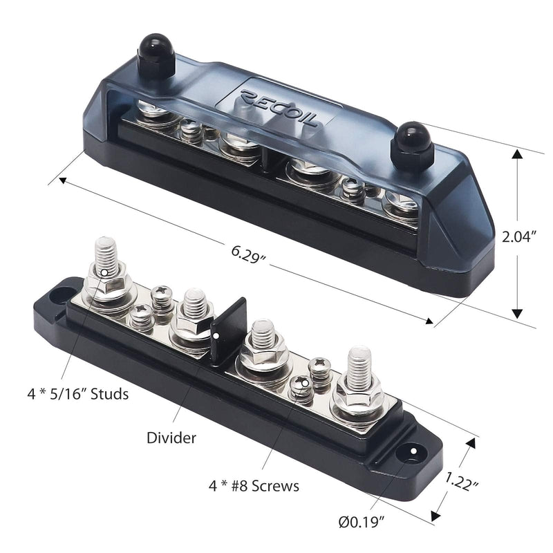 RECOIL BBPG4 Bus Bar Positive and Negative 4 x 5/16” Studs and 4 x #8 Screw Terminals Power Distribution Block Busbar with Ring Terminals 250 Amp Rating