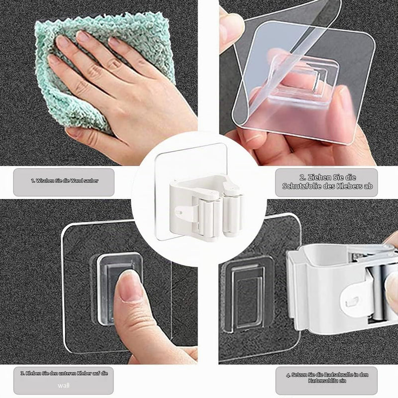 Pack of 4 Broom Holder Wall Self-Adhesive Mop Holder No Drilling Broom Holder Self-Adhesive Mop Holder Holder for Kitchens, Bathrooms (White)