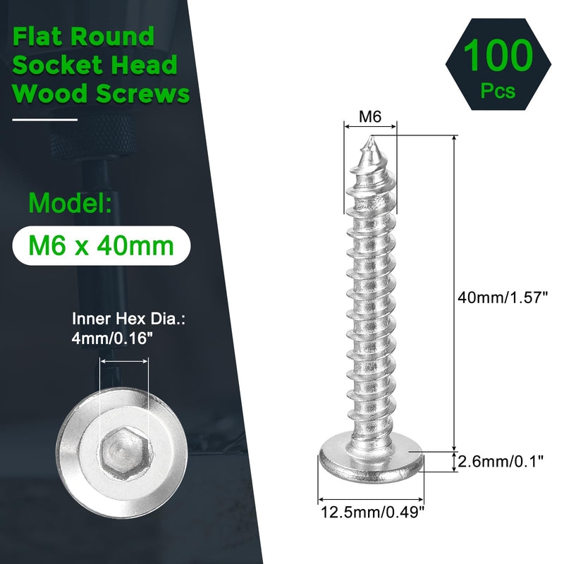 uxcell M6 x 40mm (100 Pack) Flat Round Socket Head Screws, Stainless Steel Self Tapping Screws Full Thread Hex Socket Cap Screws Bolt for Wood Furniture 100