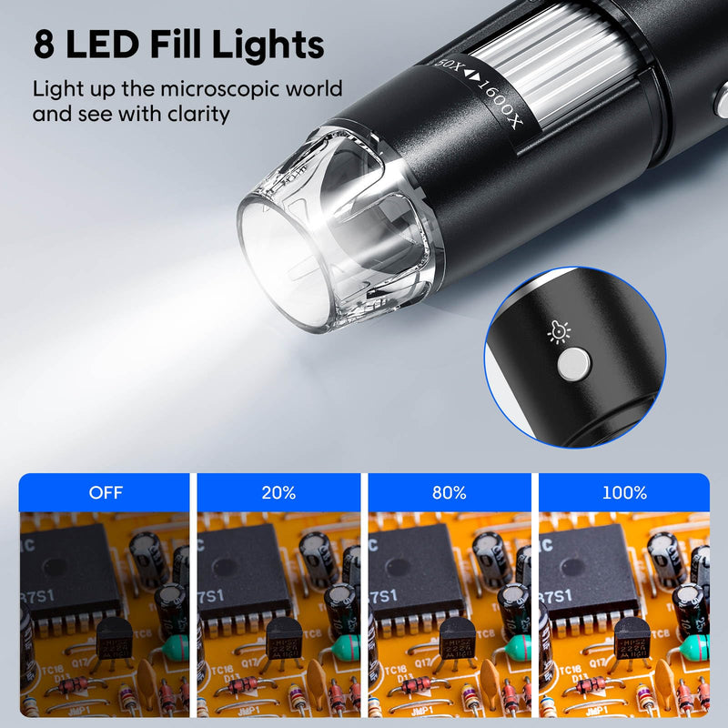 [Australia - AusPower] - USB Digital Microscope, 50x-1600x Magnification Handheld, 1440P HD 8 LED Lights, Portable Microscope Compatible with iOS and Android Devices, 2MP Portable Microscope Camera for Adults, Kids 