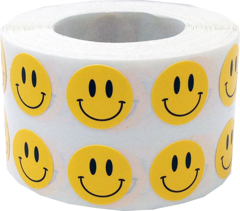 1/2" Inch Small Yellow Semi-Gloss Happy Face Labels, 1,000 Total Adhesive Stickers on a Roll, Perfect for Kids Classroom Incentives, Motivational Chart Use
