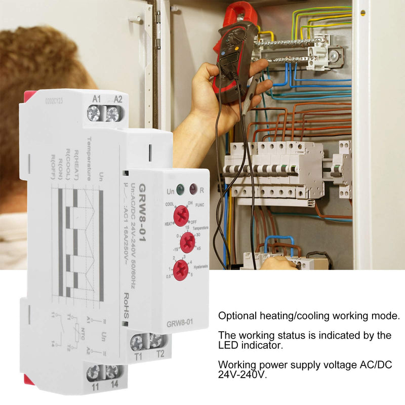 [Australia - AusPower] - BuyWeek Temperature Control Relay, Temperature Monitoring AC/DC 24 V-240 V, 1.4 Inch Rail Installation, Digital Thermostat with Probe L-N, High/Low Temperature, LED Display -15 ℃ ~ 45 ℃ (GRW8-01) 