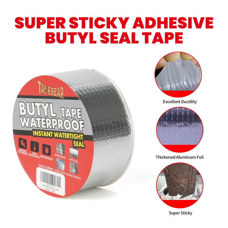 [Australia - AusPower] - Butyl Tape Waterproof Sealing Tape 2inch x16feet, Upgraded Aluminum Foil Tape Heavy Duty for RV Repair, Awning, Window, Glass & EDPM Roof Leak Patching, Boat and Pipe Sealing, Silver 2inch x16.4feet 1 