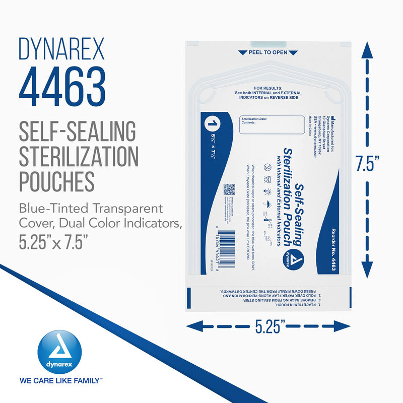 Dynarex Sterilization Pouches - Self-Sealing Autoclave Bags for Medical, Dental, Tattoo & Nail Care Tools - Blue-Tinted Transparent Cover, Dual Color Indicators (5.25" x 7.5", 200) 5.25" x 7.5"