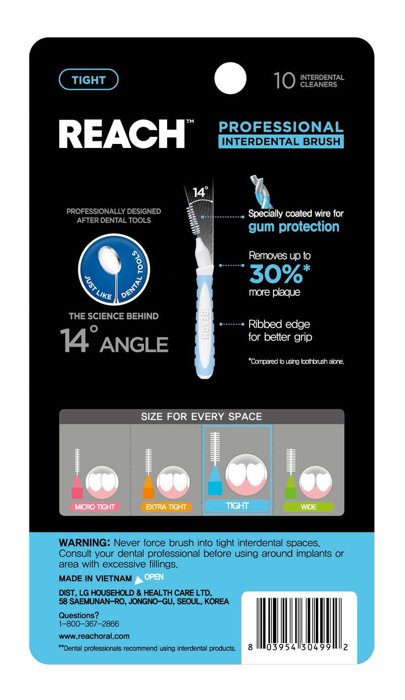 [Australia - AusPower] - Reach Interdental Brush Cleaners, Tight, 10 Count, Sensitive Gum Protection, Plaque Remover, Brushes Between Teeth & Braces, Dental Toothbrushes, Oral Care, for Adults & Kids 1 Count (Pack of 10) 
