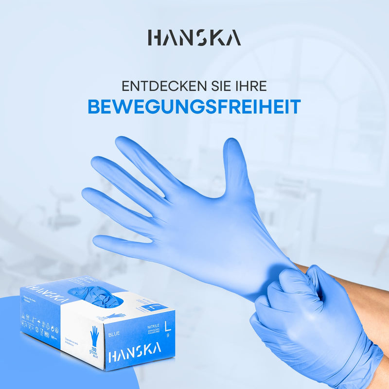HANSKA Disposable Nitrile Gloves, Blue, Powder-Free, Insert and Bet, Ambidextrous, Non-Sterile, Rubber Base, Suitable for Medical, Food Handling (100, L) 100 cm