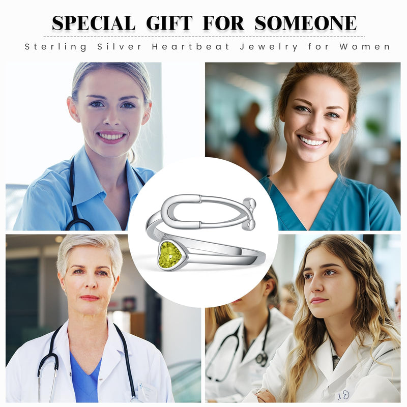 [Australia - AusPower] - Stethoscope Birthstone Rings for Women 925 Sterling Silver Adjustable Heartbeat Ring Nurse Doctor Jewelry Graduation Gifts for Medical Student August 