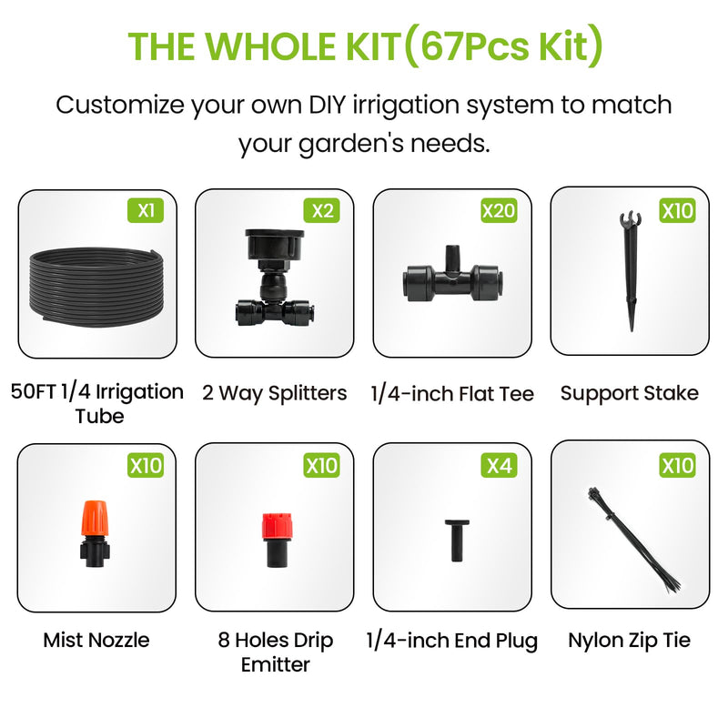 [Australia - AusPower] - MIXC Drip Irrigation System, 50 FT Quick Connector Garden Watering System, Automatic Sprinkler Kit for Lawn Raised Bed Outdoor Plants Greenhouse with 1/4'' Tubing, Drip Emitters, Misting Nozzles 
