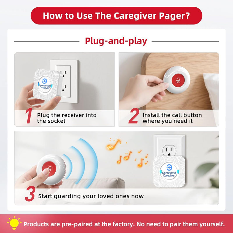 Connected Caregiver Wireless Pager Smart Call System 2 SOS Call Buttons/Transmitters 2 Receivers Nurse Calling Alert Patient Help System for Home/Personal Attention Pager 500+Feet Plugin Receiver