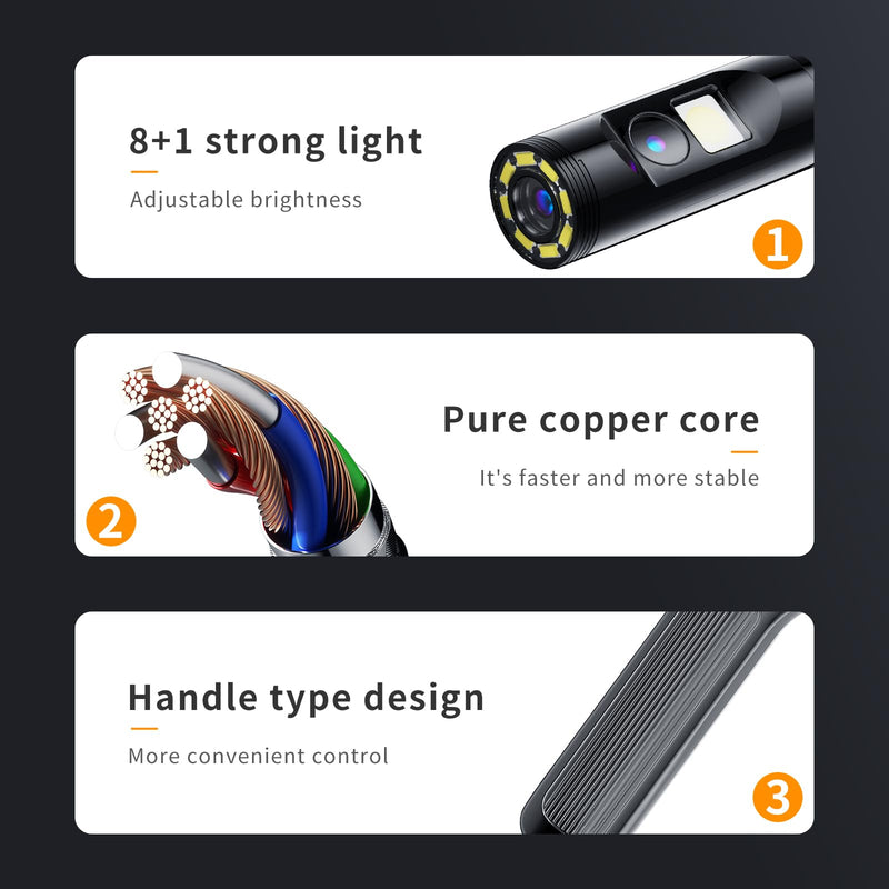 [Australia - AusPower] - Dual Lens Endoscope Camera, 4.3 Inch Screen Inspection Camera, 1920P Borescope Camera with Lights, Pipe Snake Camera, 3.28ft Semi-Rigid Snake Camera Dual Lens-8mm camera-1m cable 