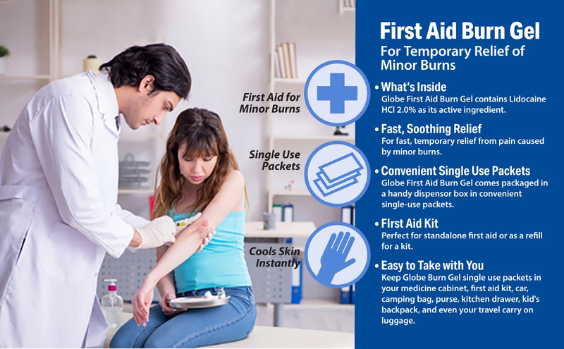 [Australia - AusPower] - Globe First Aid Burn Gel with Aloe 0.9g Packets, (Box of 144) Advanced First Aid Gel for Temporary Relief of Minor Burns, Cuts, and Scrapes 