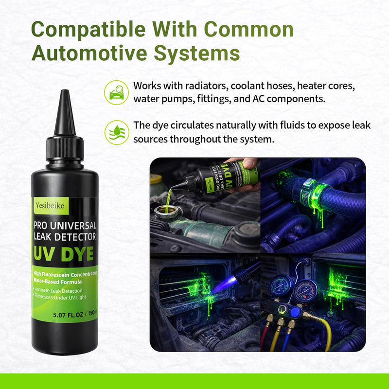 Automotive UV Leak Detector Dye Kit, 150ml High Visibility Tracer for Radiator Coolant Systems Hose Heater Core Water Pump and AC, Includes Dye Cleaner and Gloves 1 150ml+50ml