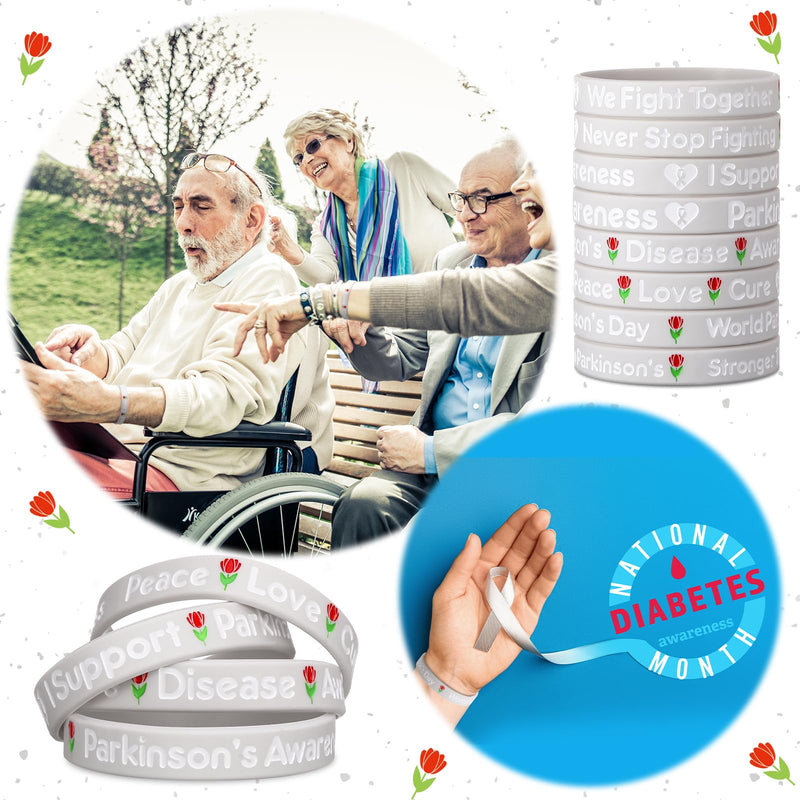 [Australia - AusPower] - 100 Pcs Parkinson's Disease Awareness Wristband Silicone Grey Ribbon Wristband 10 Styles with Inspirational Phrases for World Parkinson's Day Campaign Endorsement 