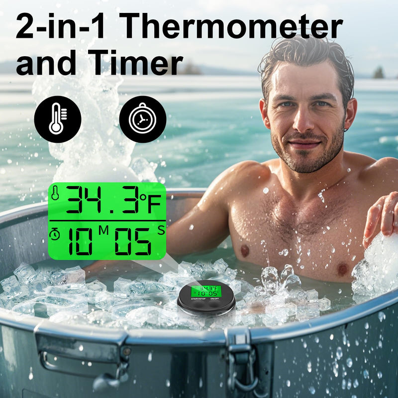 [Australia - AusPower] - 2-in-1 Ice Bath Thermometer with Timer, Cold Plunge Thermometer for Ice Bath Floating, -4℉~158℉， IPX7 Waterproof Black 