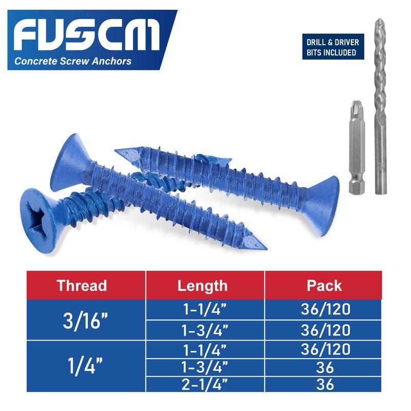 [Australia - AusPower] - 1/4" x 1-1/4" Concrete Screw Anchor,Phillips/Square Flat Head, Drill & Driver Bits Included, for Concrete, Block & Brick(36pcs/Box) 1/4" 1 1/4 Inches 36 