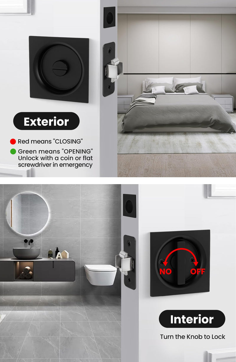 goldenwarm Matte Black Pocket Door Lock with Pull, Square Pocket Door Hardware 2-3/8" Backset, Black Pocket Door Handles 1 Pack 2-3/8” Latch