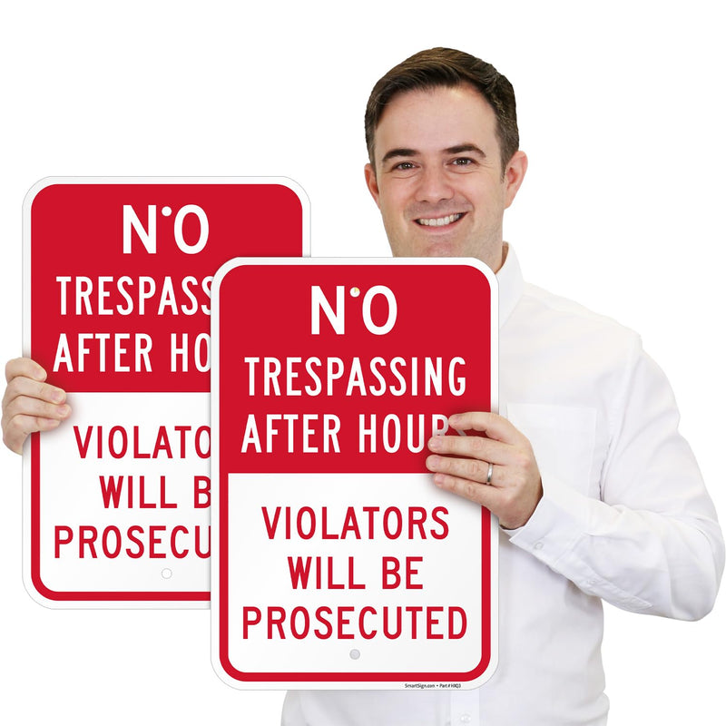 SmartSign No Trespassing After Hours Violators Prosecuted Sign - 2-Pack, 12" x 18", 80 mil Thick Aluminum Composite (ACM), Pre-Drilled Holes, Red and White, Made in USA 12" x 18" - AL ACM (Pack of 2)