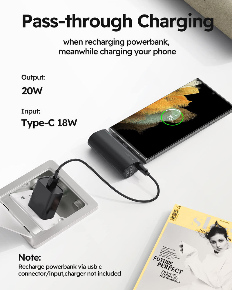 [Australia - AusPower] - VEGER Portable Charger, USB C Power Bank, 5000mAh Mini Battery Pack Fast Charging 20W Small Charging Bank for Samsung Galaxy S21, S20, S10, S9, Note 20, Pixel, Moto, LG, Oculus Quest, Android Phones D Black 