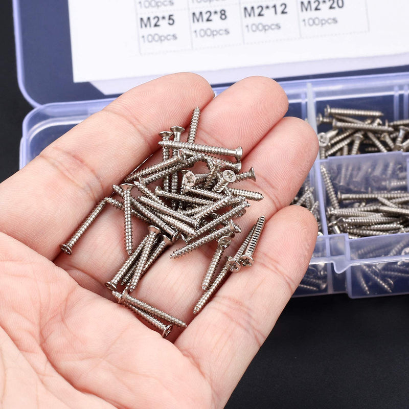 [Australia - AusPower] - 800 Pcs M2 Flat Head Self Tapping Screws, Small Cross Drive Head Self Tapping Woodworking Fastener Screws, Carbon Steel Self Drilling Screws Assortment Kit, 4/5/6/8/10/12/16/20mm 