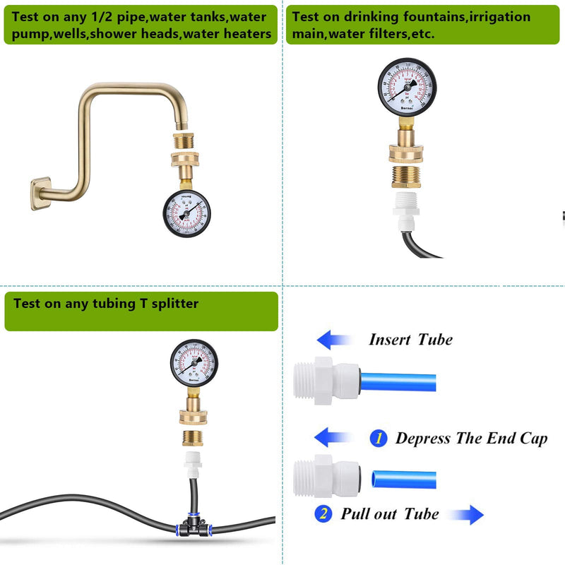 [Australia - AusPower] - Water Pressure Gauge Kit,Universal Water Pressure Test Gauge with Lead-Free Brass Hose Fittings,3/4" Female Coupler Plus 5 Adapters to Test in Multiple Systems,0-200 Psi Hydraulic Pressure Tester 2.1" Dial 