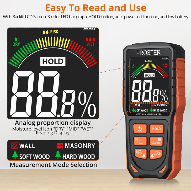 [Australia - AusPower] - Proster Moisture Meter - Pinless and Non Destructive Wood Moisture Meter for Softwoods Hardwoods Walls Digital Moisture Tester for Drywall Wood Masonry 