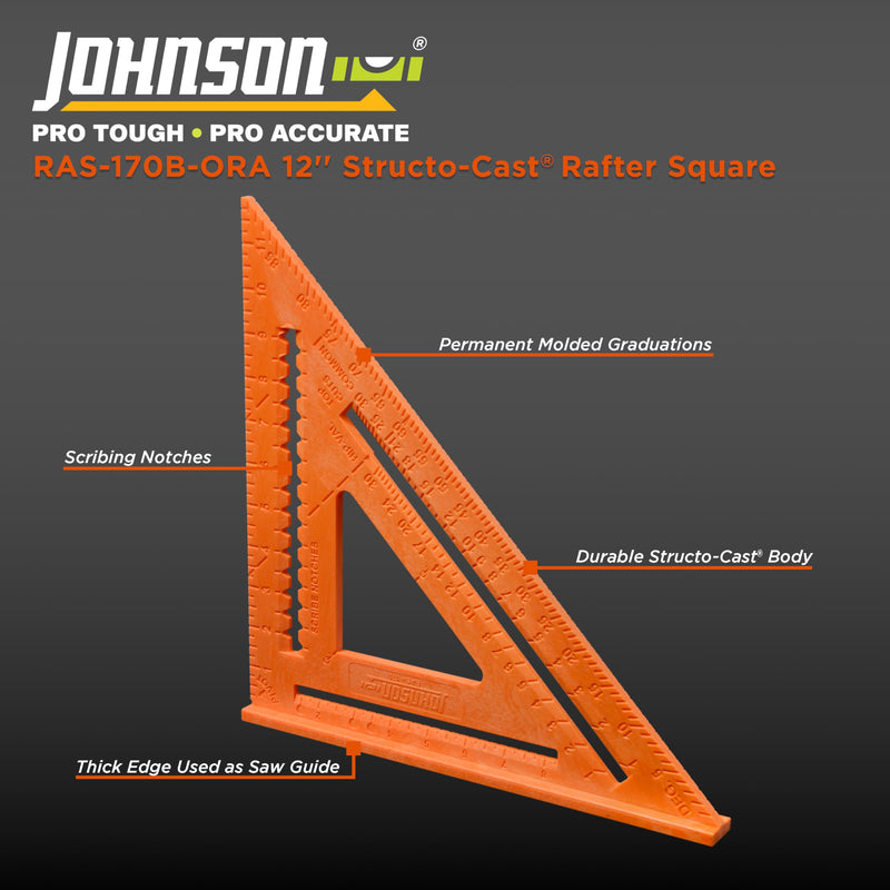 Johnson Level & Tool RAS-170B-ORA Structo-Cast Rafter Square, 12", Red, 1 Square (Pack of 3) 12 inch (Pack of 3)