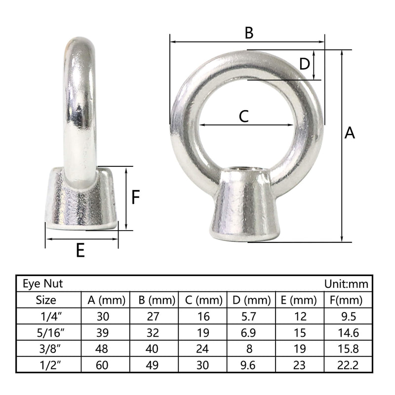 5/16" UNC Marine Grade Lifting Eye Nut, 316 Stainless Steel Threaded Nut Fastener, 4 Packs 5/16"