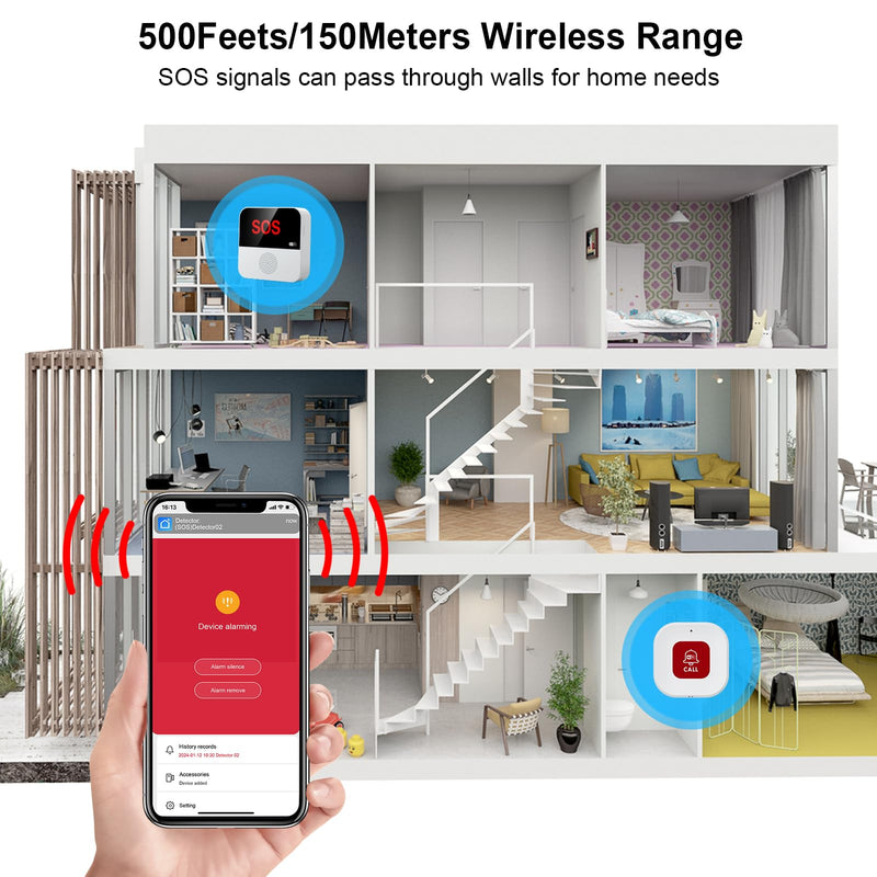 WiFi Pager, Caregiver Pagers Life Alert Systems for Seniors no Monthly Fee, 1 Receiver and 1 SOS Panic Button & 1 Watch Pager, Compatible with Tuya Smart/Smart Life APP Style 1