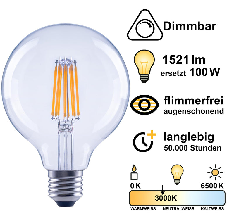 greenandco Filament LED Light Bulb, Clear, Dimmable, E27 G95, 7.2 W, 1521 lm, Replaces 100 W, 3000 K Warm White, 320°, 230 V, Flicker-Free, Energy Efficiency Class A E27 G95 Clear 1 pc. Replaces 100W dimmable Warm white 3000K