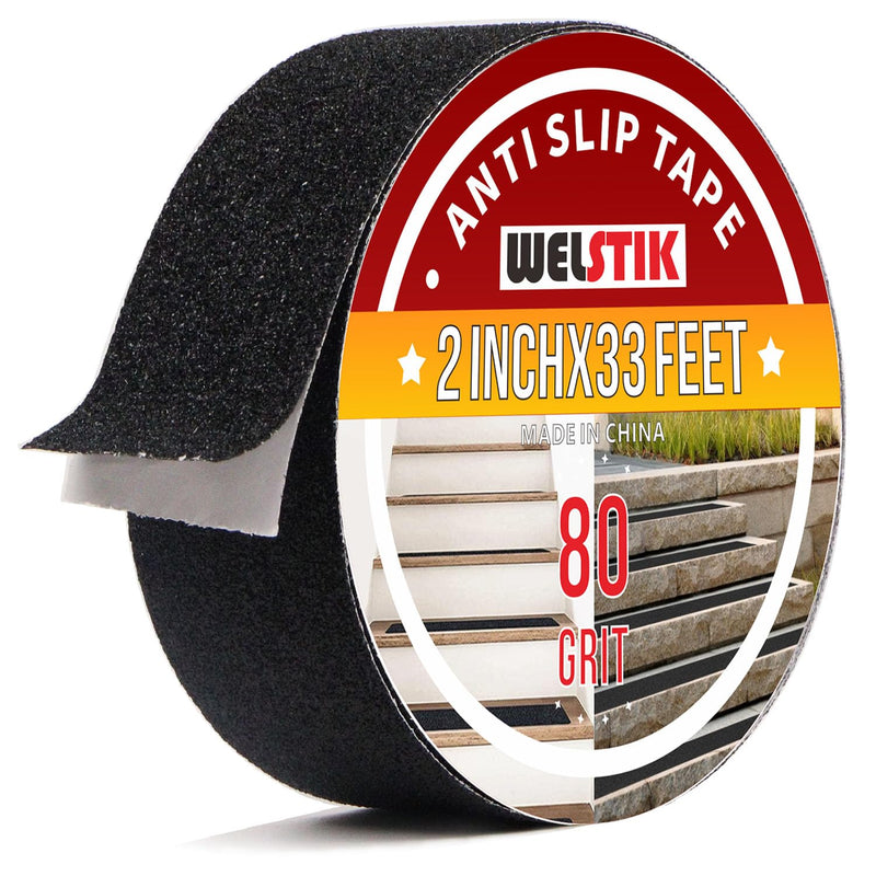 WELSTIK Anti Slip Grip Tape 2 Inch - Heavy Duty Non Skid Tape High Traction 80 Grit Non Slip for Waterproof Stairs Non Skid Treads, Indoor, Outdoor (Black, 2" X 33') 2" X 33'