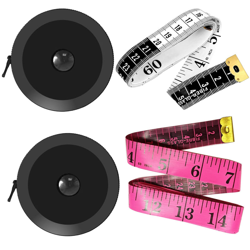 4 Pack Tape Measure Set, Retractable Measuring Tape for Body, Sewing, Tailor, Fabric, Craft | Soft 60-Inch/150cm Vinyl Tape + Portable Push-Button Retractable Rulers Double-Sided, Flexible, Easy-Read Multicolor-4
