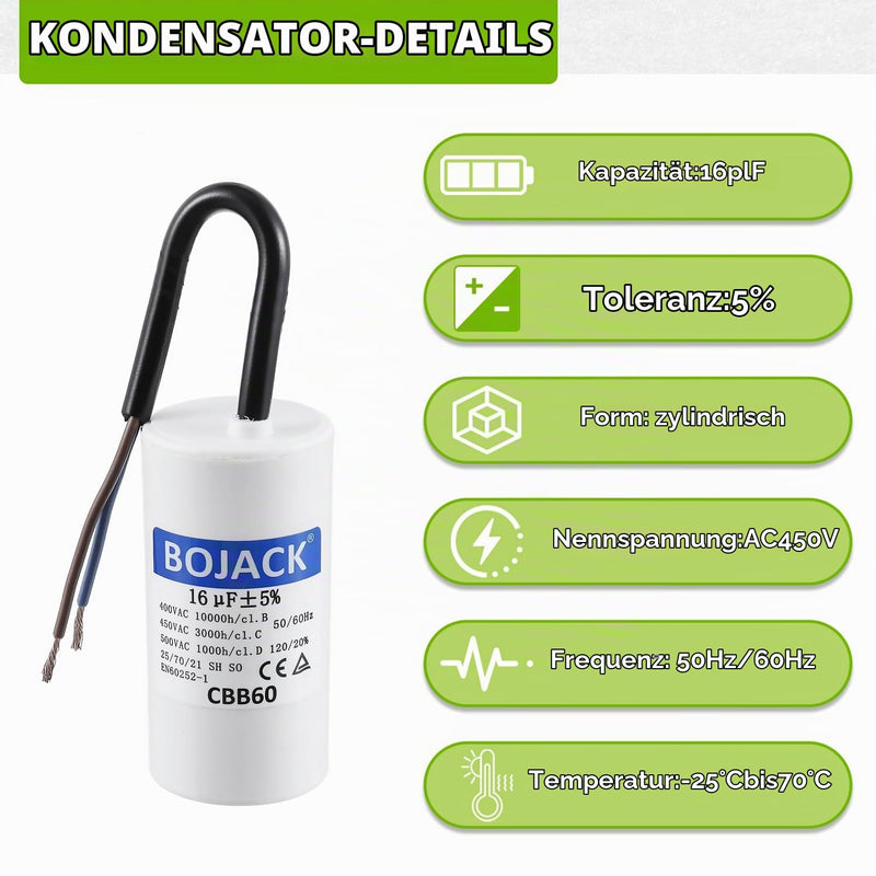 BOJACK CBB60 16uF 450V 50/60HZ Starting Capacitor, SH Motor Operating Capacitor, AC Motor Capacitor, with Wire